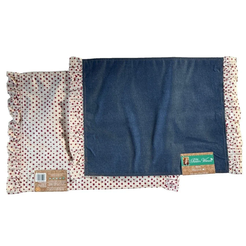 The Pioneer Woman Placemats Denim Red Polka Dot Reversible Ruffle 14x20 Set Of 4